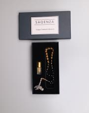 sarı siyah - damla desen 7.5 mm  sıkma kehribar 33 lü tesbih ve esans seti ( beyzi )