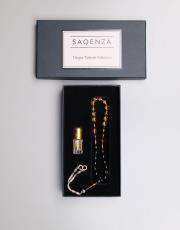 sarı siyah - ay yıldız 7.5 mm  sıkma kehribar 33 lü tesbih ve esans seti ( beyzi )