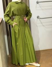 yağ yeşili pamuklu pile detaylı elbise