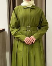 yağ yeşili pamuklu pile detaylı elbise 2