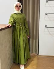 yağ yeşili pamuklu pile detaylı elbise 3