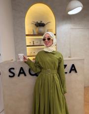 yağ yeşili pamuklu pile detaylı elbise 5