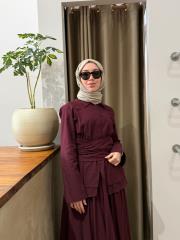 bordo pamuklu kemer detaylı takım