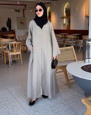 bej tensel brit detaylı abaya