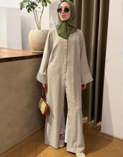 bej tensel çizgili v yaka abaya