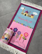 pembe isme özel çocuk  seccade seti büyük boy çiçek ve cami 2